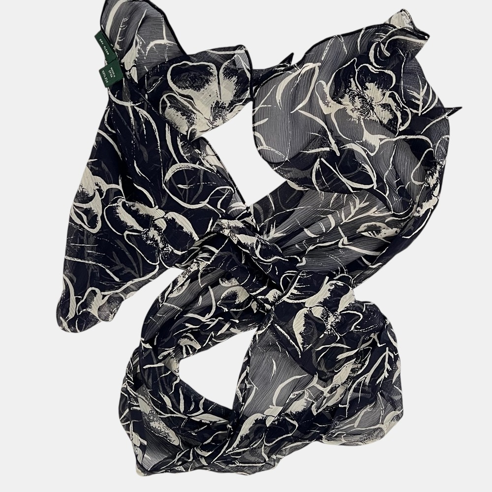 Lauren Ralph Lauren 100% Silk Sheer Scarf Navy Blue Tropical Floral Lightweight